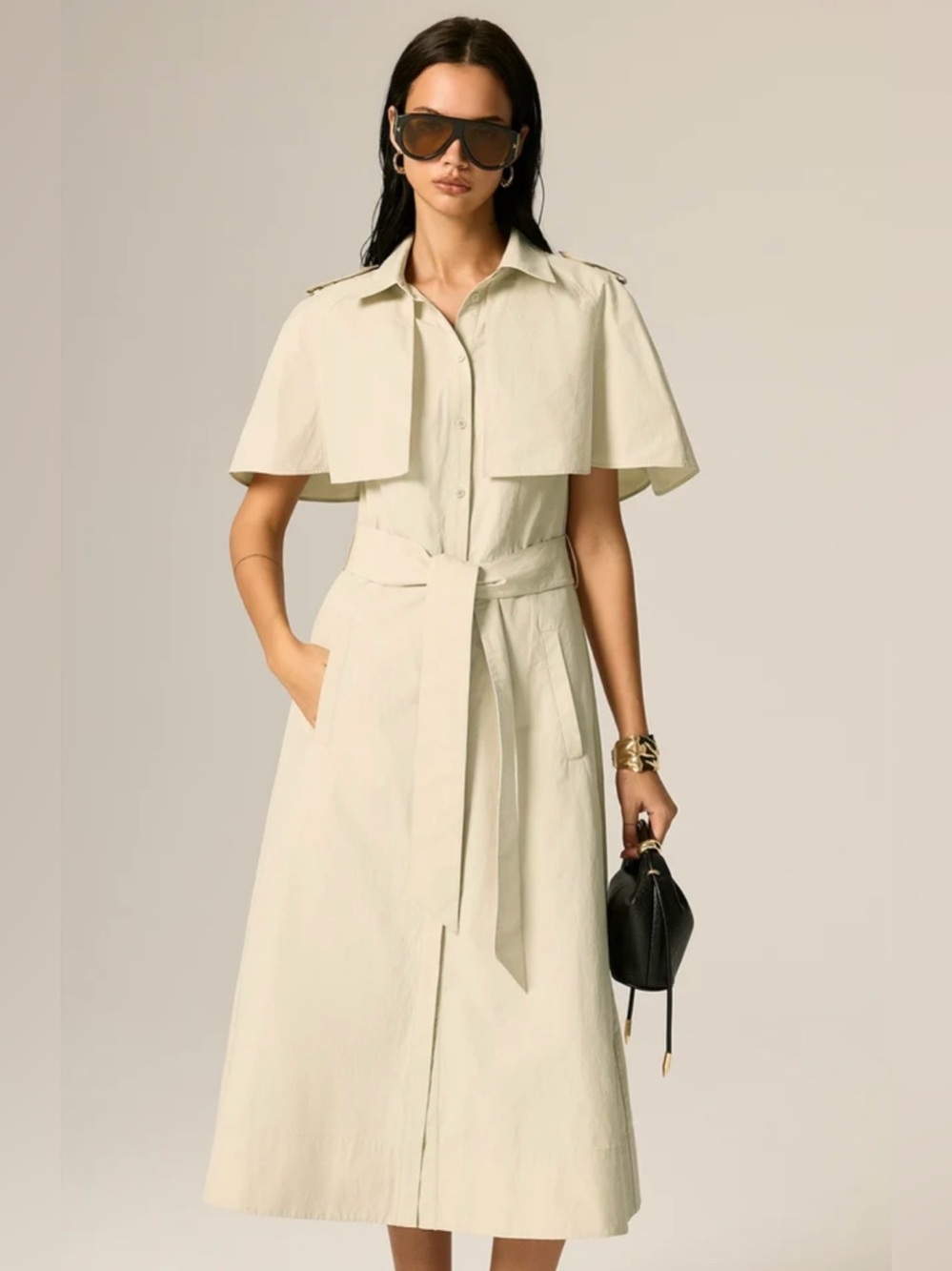 Commense Cream Shirt-Cape Belted Maxi Dress